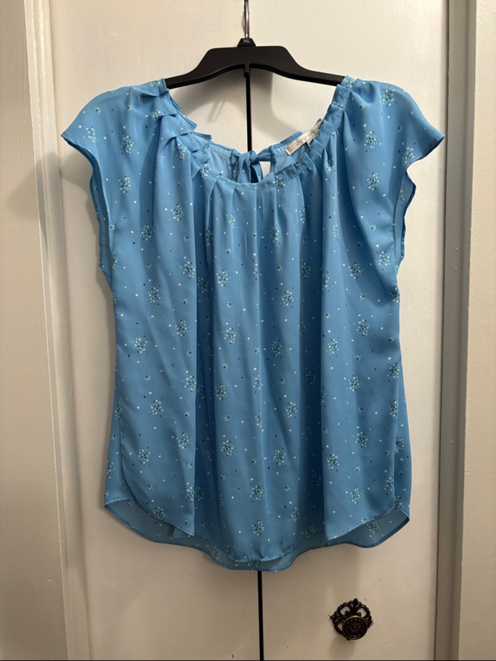 Light Blue Dot Pattern Tie-Neck Women's Top